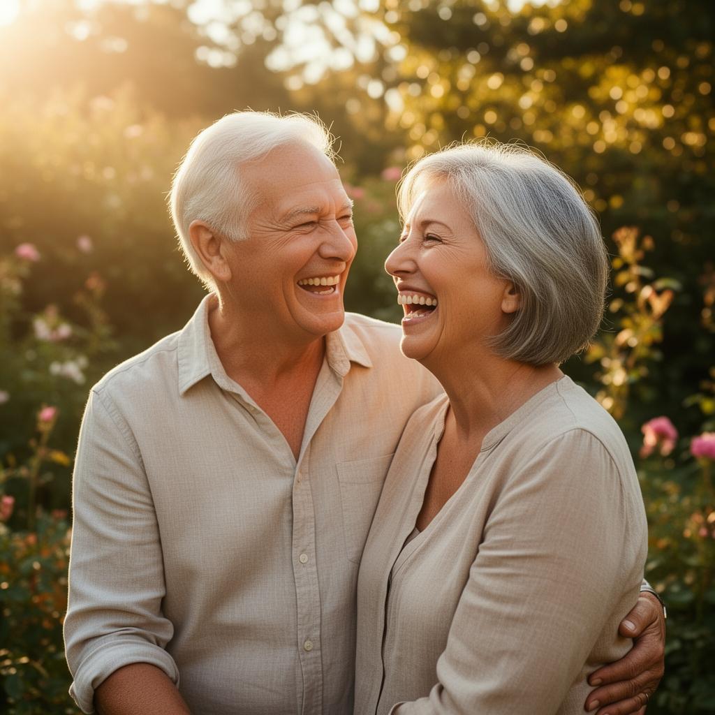 Happy senior couple laughing together in a sunlit garden